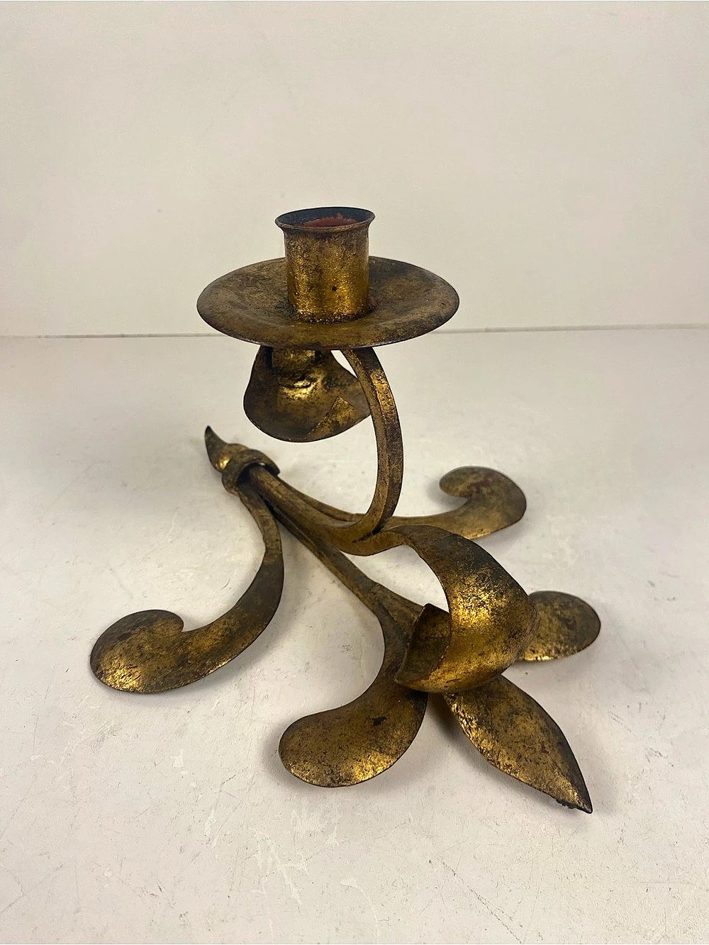 Vintage Italian Ornate Scrolled Gilt Tole Leaf Accent Single Candle Holder